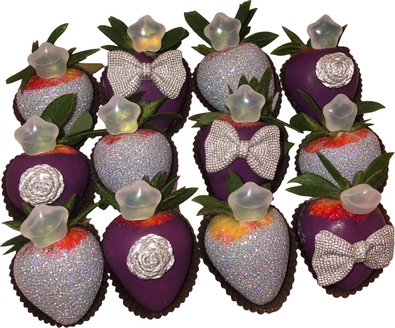 Purple and silver Glamberries with rhinestone bows, roses and star droppers