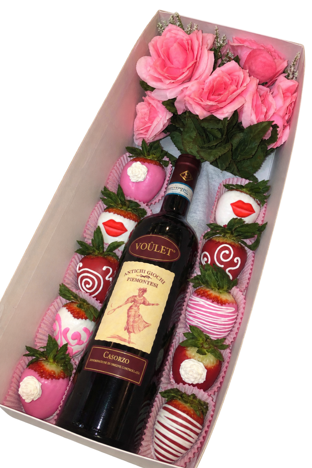 Gift box with wine, pink roses and decorated Glamberries