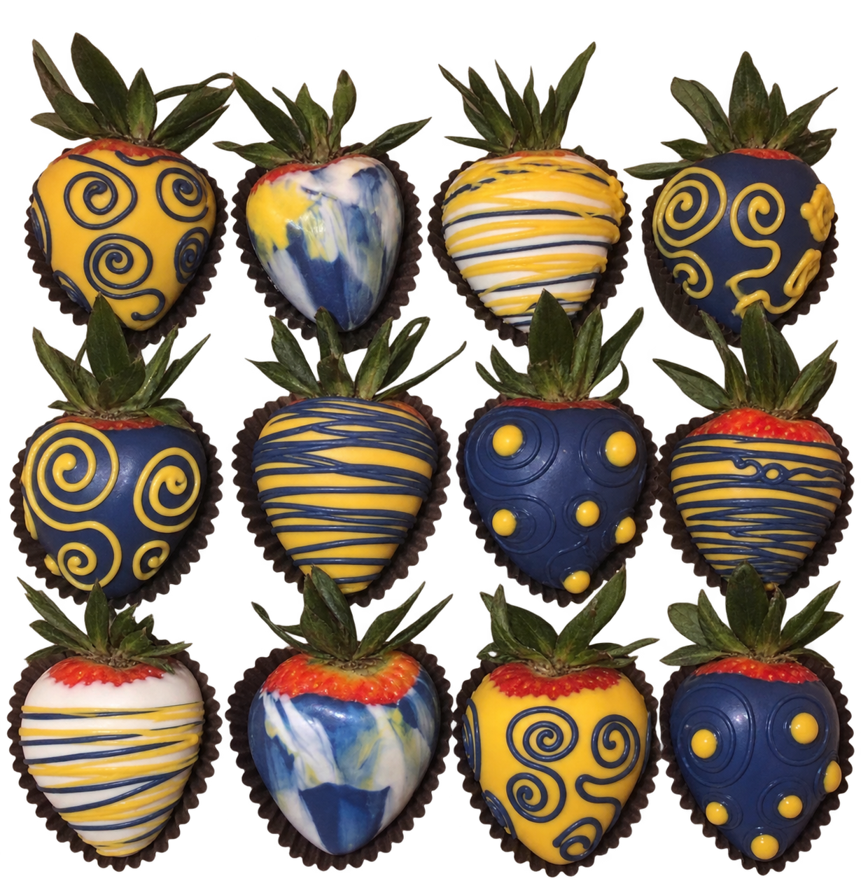 Blue and yellow drizzled Glamberries in team colors